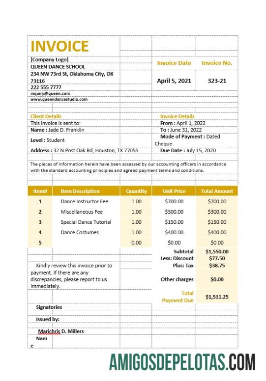 imprimível Modelo de fatura de escola de dança